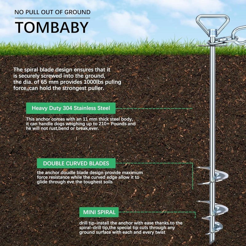 TOMBABY Dog Tie Out Cable and Stake,with 20FT Heavy Duty Cable,360° Swivel Dog Anchor& Anti-Tangle,Dog Runner for Yard,Dog Stake Allows Dogs Up to 210 lbs, Dog Stakes for Outside Beach,Camping, Yard - Image 4